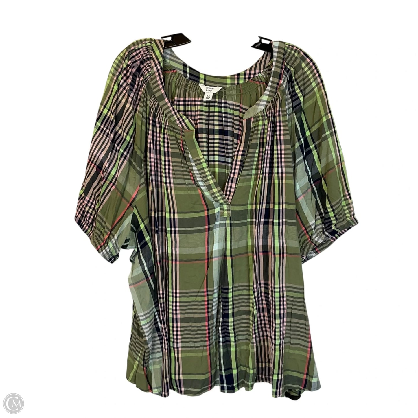 Top Short Sleeve Basic By Crown And Ivy In Plaid Pattern, Size: 4x