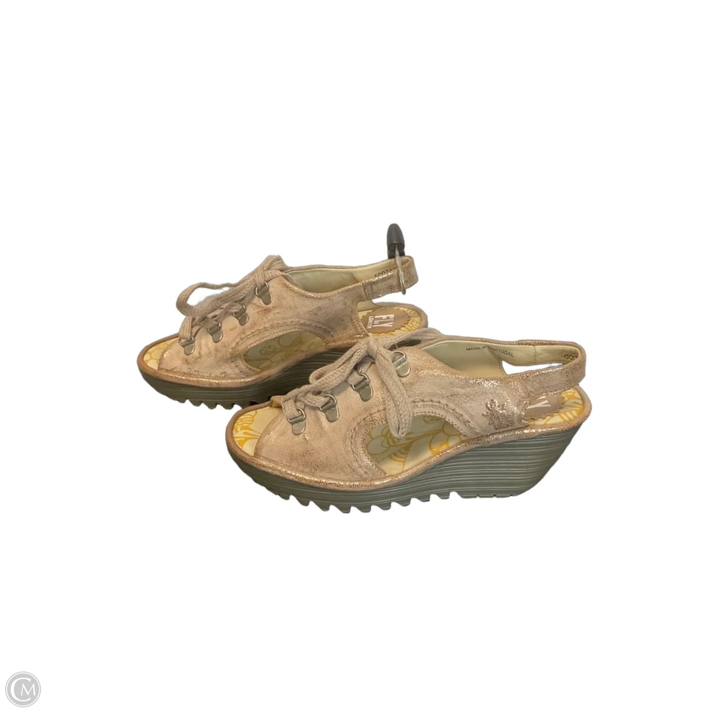 Sandals Heels Wedge By Fly London In Gold & Tan, Size: 6.5